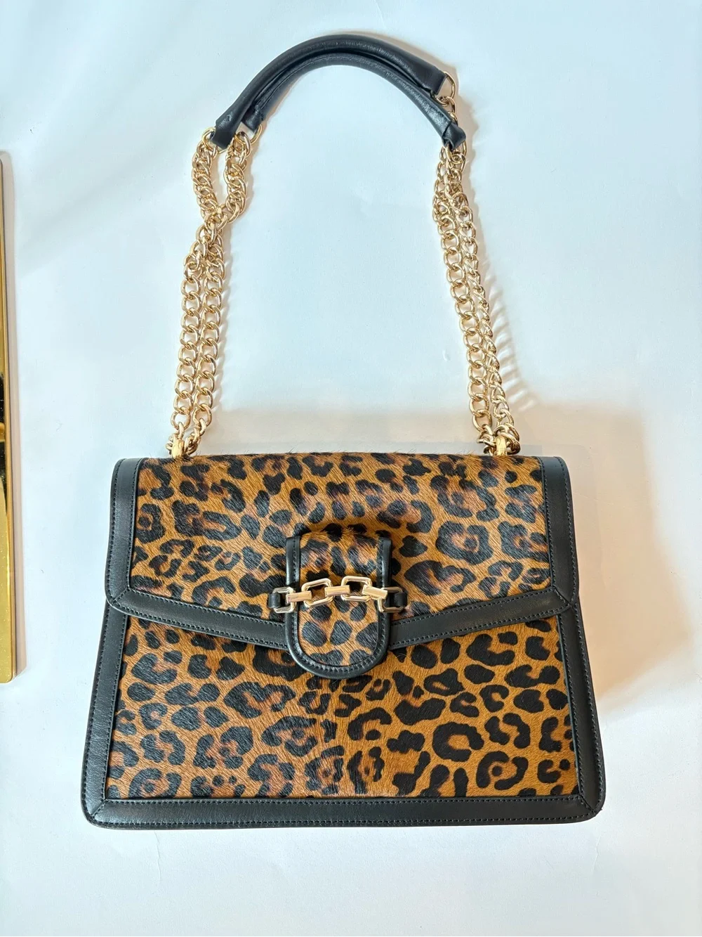 Italian Leather & Leopard Calf Hair Shoulder Bag with Gold Chain